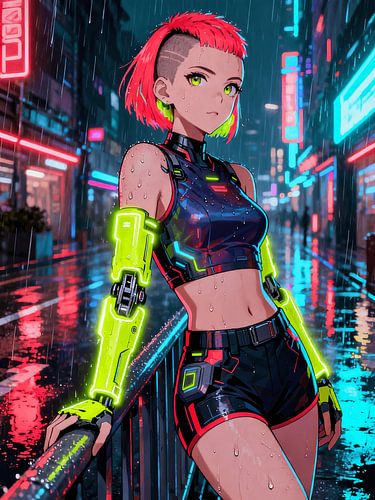 ANIME Cybernetic Neon Rain - Futuristisch meisje met roze haar in het nachtelijke stadslandschap
