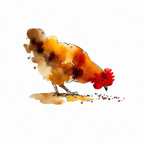 Kip eet granen (AI) (boerderij, dier, vogel, Pasen, speels, schilderij, aquarel, rustig, bruin)