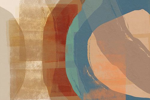 Abstracte kunst in terra, blauw, bruin.