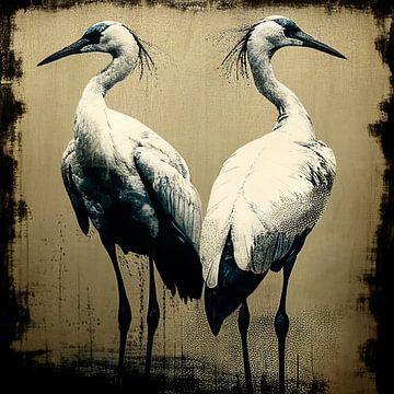 Cranes on linen Beige van Bianca ter Riet