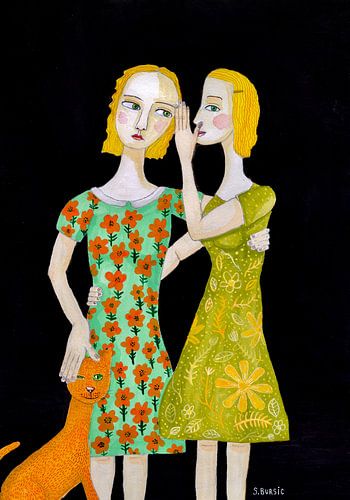 Vriendschap, zussen, vrienden, kat, katten, gemberkat, oranje kat, illustratie, naïeve kunst van Sharyn Bursic