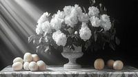 zwart wit stilleven van bloemen en fruit in een extreem dramatisch licht van Gelissen Artworks thumbnail
