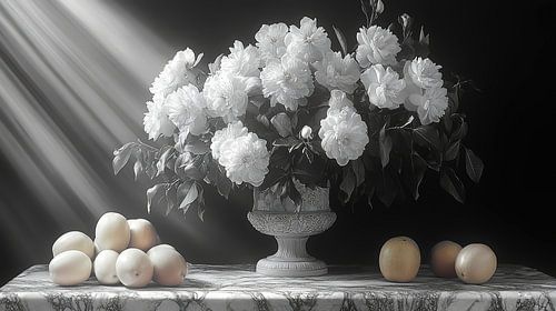 Black and white still life of flowers and fruit in extremely dramatic light