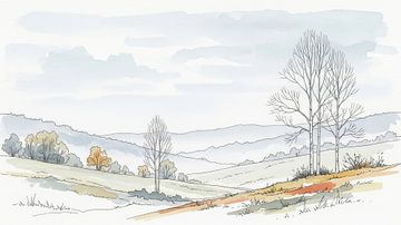 Aquarell-Landschaft mit kahlen Bäumen und sanften Hügeln von Markus Gann