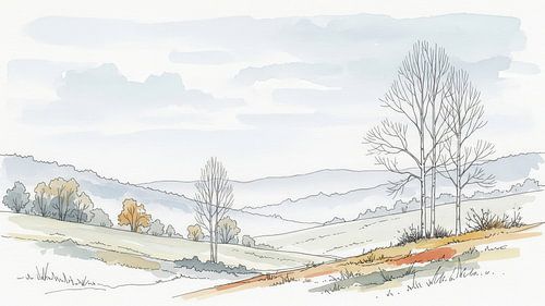 Aquarellandschap met kale bomen en glooiende heuvels