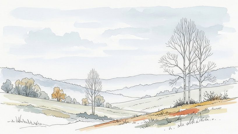 Watercolor Landscape with Bare Trees and Rolling Hills by Markus Gann
