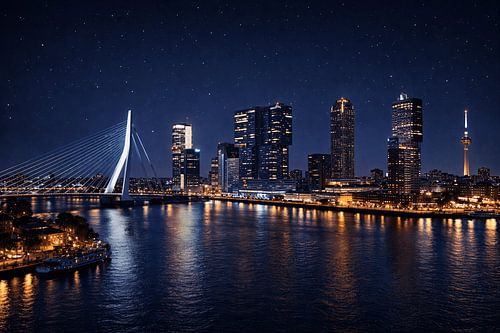 Rotterdam Skyline bij Nacht – Erasmusbrug en Euromast verlicht boven de Maas