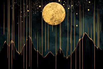 Gouden bergen onder het volle maanlicht van Poster Art Shop