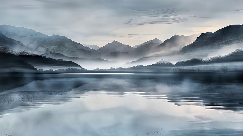 Misty mountains by a calm lake by Frank Heinz