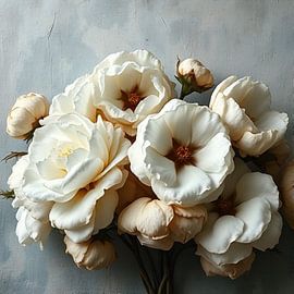 een bouquet witte romantische luxe pioen rozen. van J.a Dijkstra