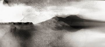 Japan Mountains Landscape Painting in Black White by Mad Dog Art