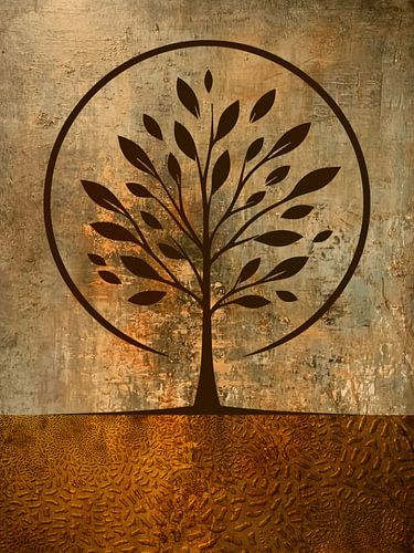 Wabi-Sabi: Symbolische levensboom op koperkleurige structuren