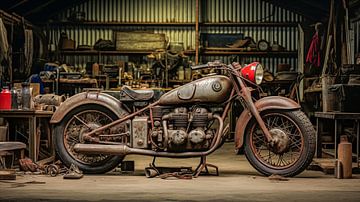 Foto van een oude motorfiets in de hangar van Animaflora PicsStock