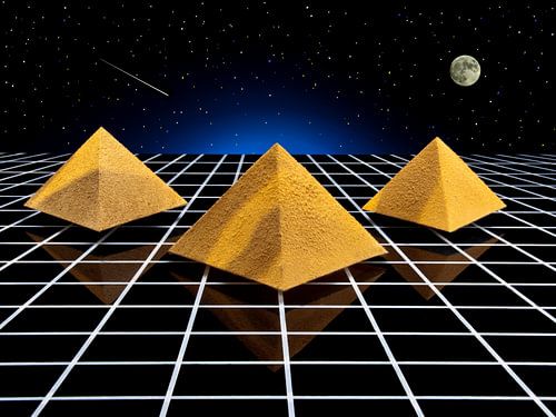 Three pyramids on black high-gloss plate with shooting star and full moon