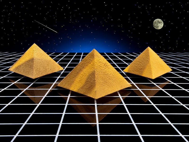 Three pyramids on black high-gloss plate with shooting star and full moon by Gerhard de Wit