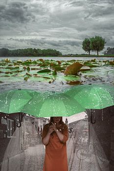Symbolischer Übergang: Mystische Szene in Nijmegen mit Wasserlandschaft und Schirmen