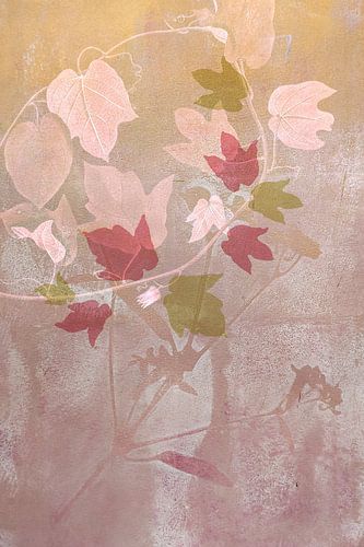 Modern Abstract Ivy Leaves on Background of Warm Pink and Ochre Shades