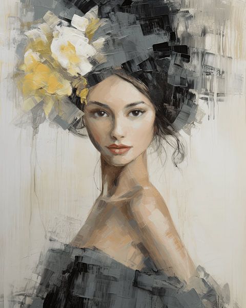Modern and abstract portrait in white, yellow and grey by Carla Van Iersel