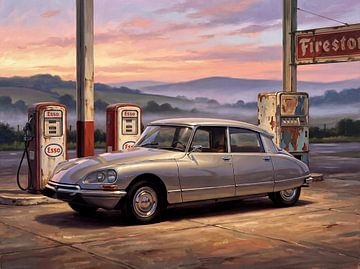 Vintage Citroën DS Gemälde an einer alten Tankstelle
