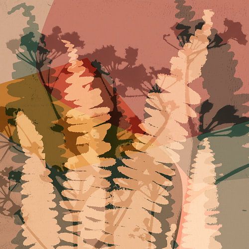 Varensbladeren en zomerbloemen in zachte kleuren.