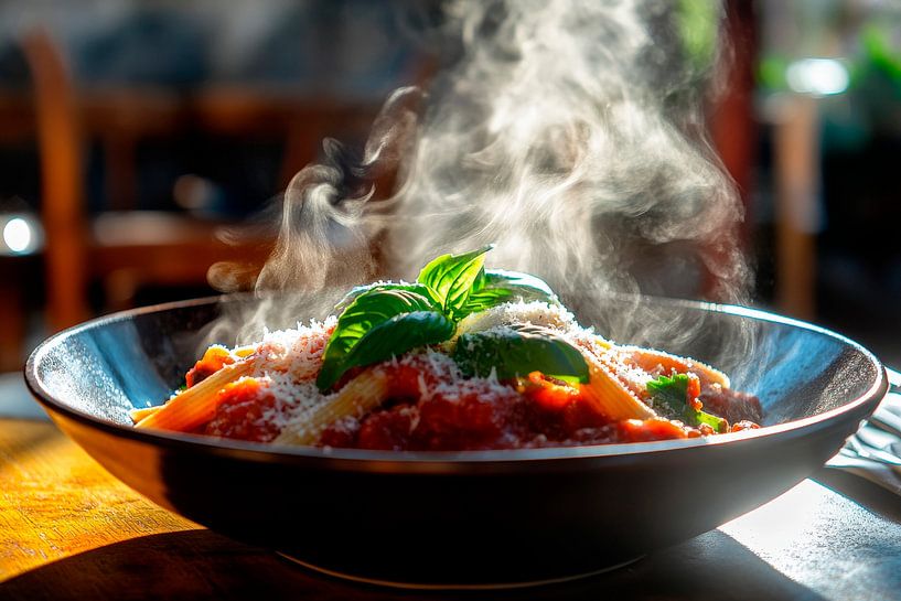 Steaming pasta in fresh tomato sauce by Poster Art Shop