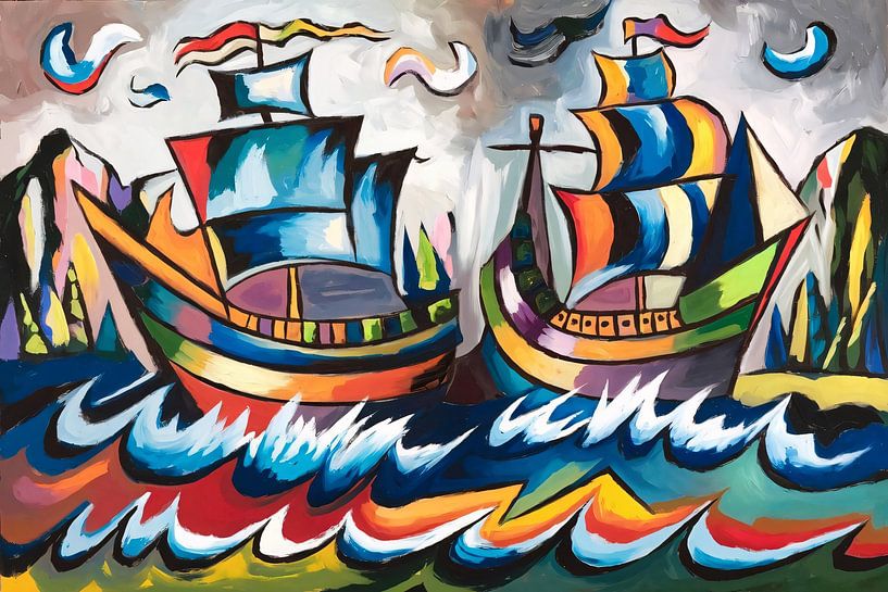 Abstracte kleurrijke zeilschepen op zee van Art & Soul Creations