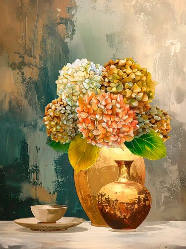 Stimmungsvolles Stillleben, goldene Vase mit Hortensien's