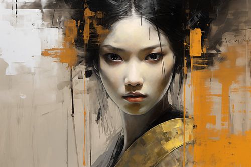 Blik van Begeerte: Geisha in Goud en Vurig Oranje