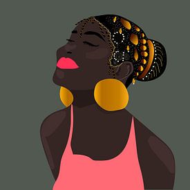 Tekening Afrikaanse vrouw met kleurijke gouden versieringen van Bianca van Dijk
