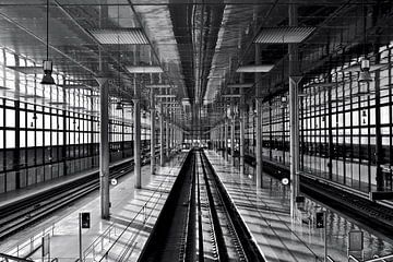 Monochroom, met licht overgoten treinstation in Cádiz van Silva Wischeropp