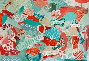 Inspiratie recycling collage in turquoise en rood van Trinet Uzun