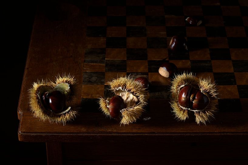 Nature morte &quot;Chestnut in a row&quot; (châtaignes en rang) par Willy Sengers