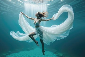 Jonge vrouw die witte jurk draagt danst onder water van Markus Gann