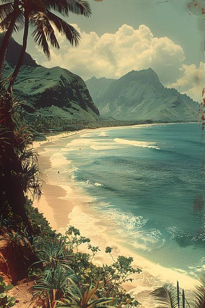 Tropical beach with palm trees and mountains by Art & Soul Creations