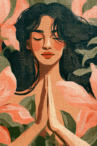 Inner Peace – Art Deco Portrait of a Woman with Namaste Hands