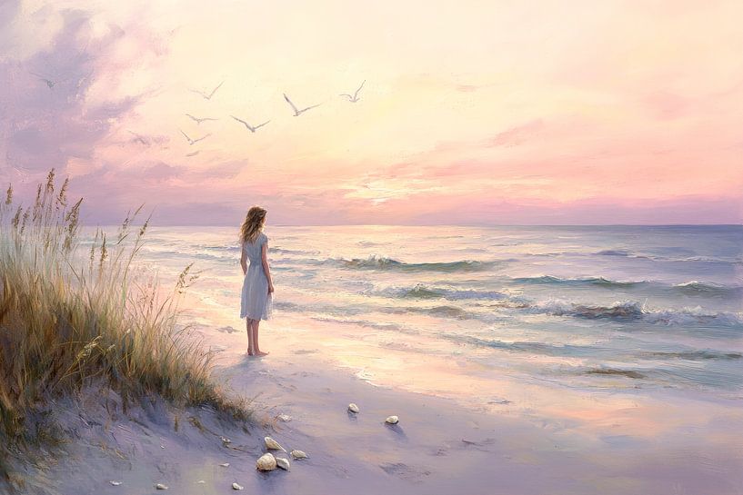 Femme sur la plage au coucher du soleil par Poster Art Shop