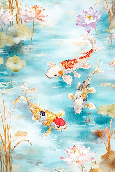 Koi-Fische im blühenden Teich – Aquarell von Poster Art Shop