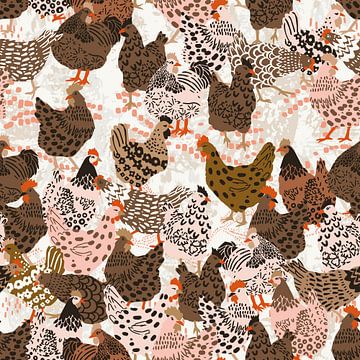 Brown chicken family pecking on the ground pattern by Annick