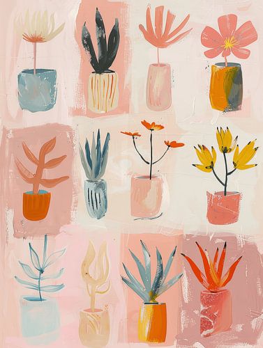 Fröhliche Illustration einer Sammlung von Pflanzen in Terrakotta, böhmischen Stil