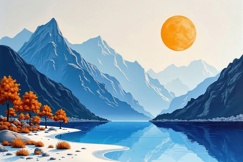 Gestileerd landschap met bergmeer, herfstbomen en sinaasappel van Markus Gann