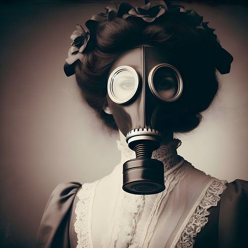 Vrouwenportret historisch met gasmasker