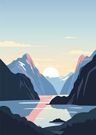 Minimalist vector illustration of a serene fjord landscape with towering mountains under a glowing sun by Adam Khabibi