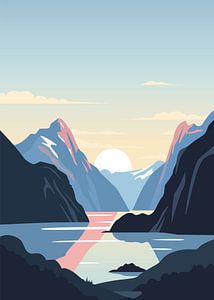 Minimalistische Vektorillustration einer ruhigen Fjordlandschaft mit hoch aufragenden Bergen unter einer strahlenden Sonne