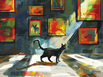 Schwarze Katze in der Bibliothek - umherirrend in der Ausstellungshalle