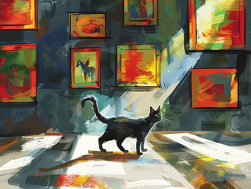 Black cat in the library - wandering in exhibition room