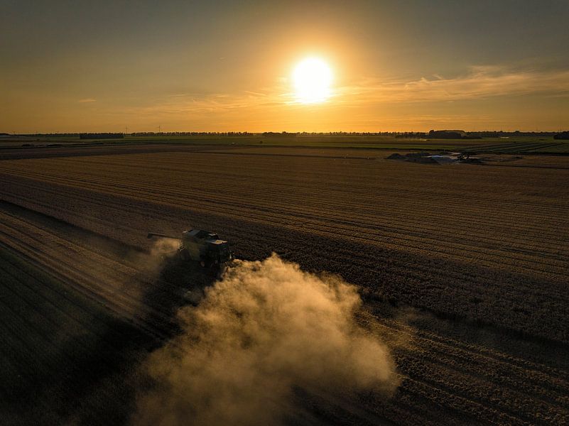 Combine oogst tarwe tijdens zomerse zonsondergang van Sjoerd van der Wal Fotografie