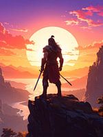 Silhouette du guerrier samouraï au coucher du soleil