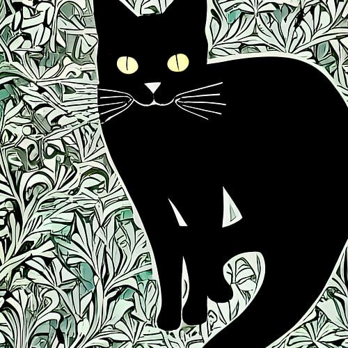 Black cat among green plants - decorative illustration of heavy cat