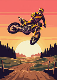 Silhouette eines Motocross-Fahrers in der Luft vor dem Hintergrund eines dramatischen orangefarbenen Sonnenuntergangs am Horizont