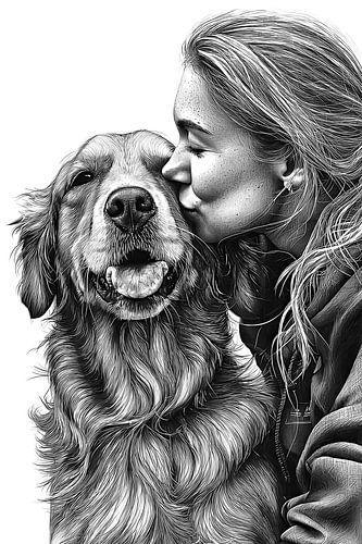 Girl Kissing Golden Retriever Vintage Line Art